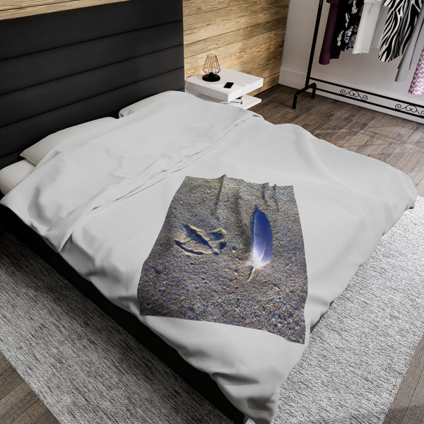 Footprint and Feather on the Beach Velveteen Plush Blanket