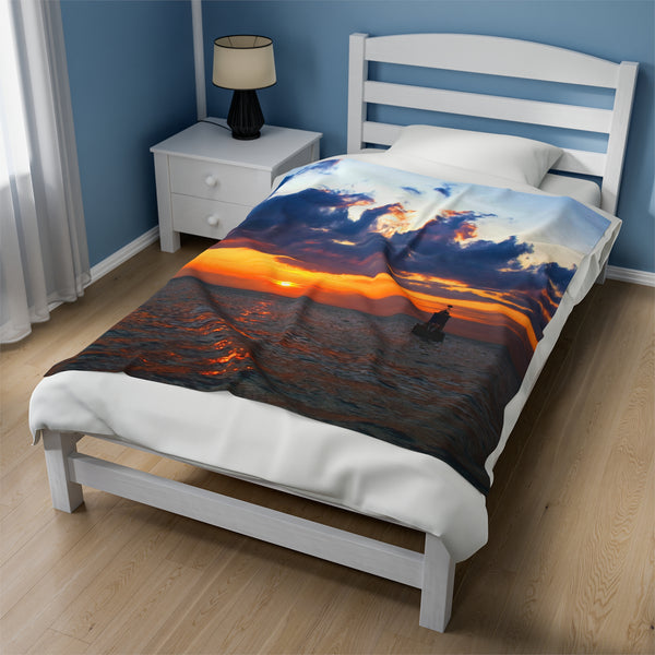 Sunset at the Bell Buoy Velveteen Plush Blanket