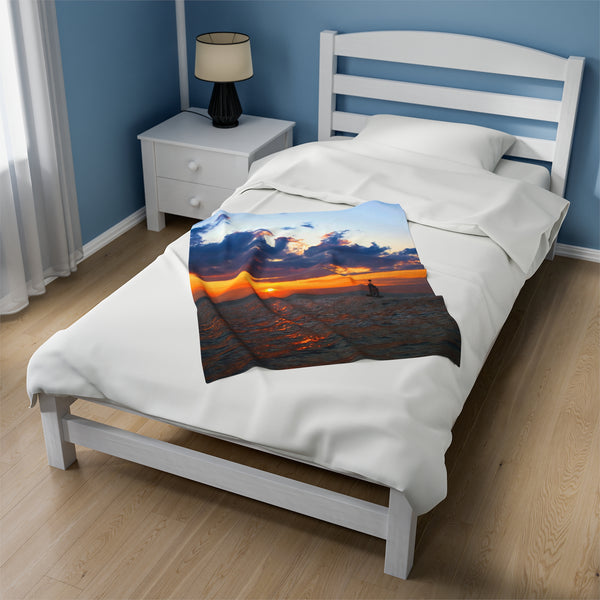 Sunset at the Bell Buoy Velveteen Plush Blanket