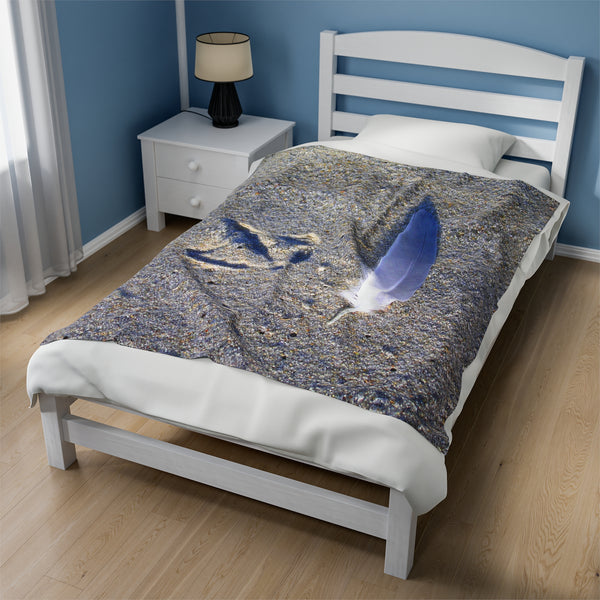 Footprint and Feather on the Beach Velveteen Plush Blanket