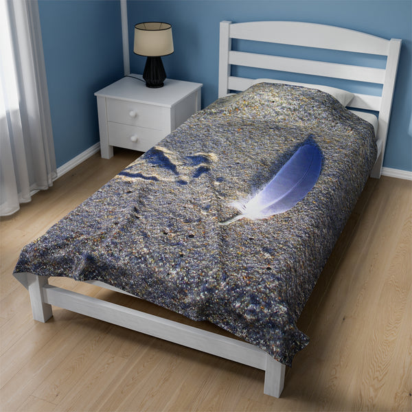 Footprint and Feather on the Beach Velveteen Plush Blanket