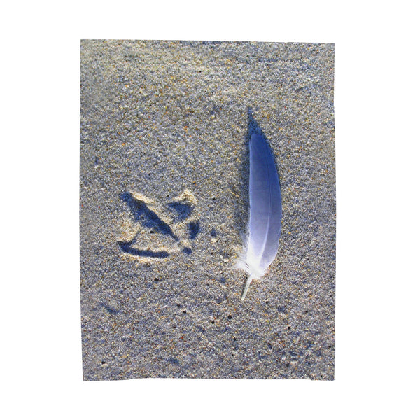 Footprint and Feather on the Beach Velveteen Plush Blanket