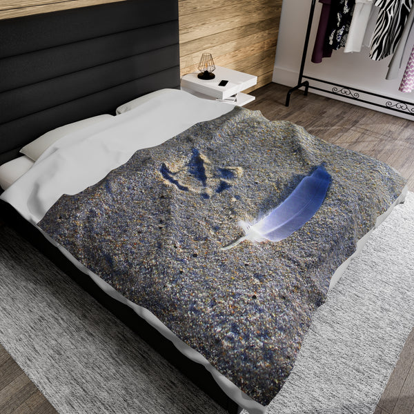 Footprint and Feather on the Beach Velveteen Plush Blanket
