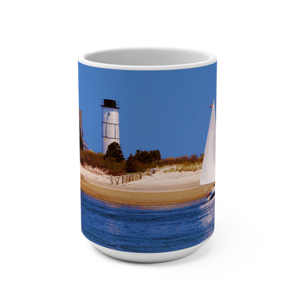 Sandy Neck Lighthouse Catboat Mug 15oz Sailing by the Sand Dunes in Barnstable Harbor
