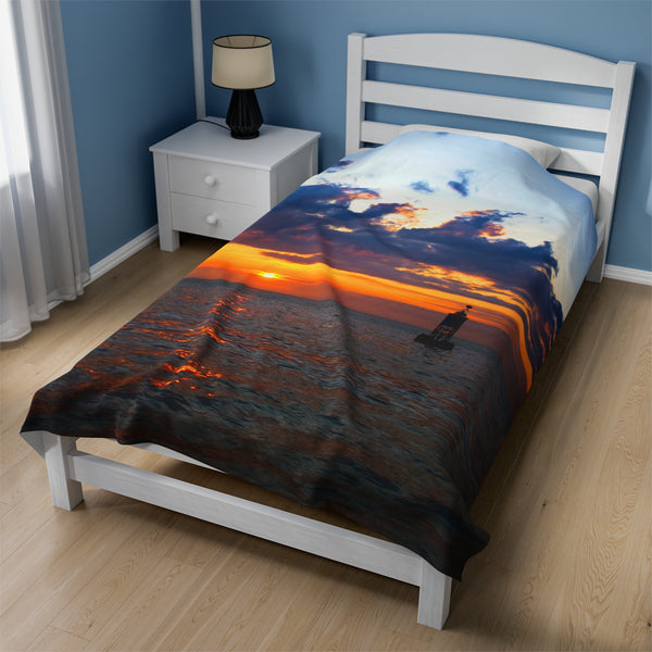 Sunset at the Bell Buoy Velveteen Plush Blanket