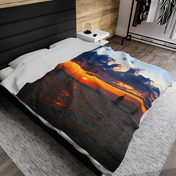 Sunset at the Bell Buoy Velveteen Plush Blanket