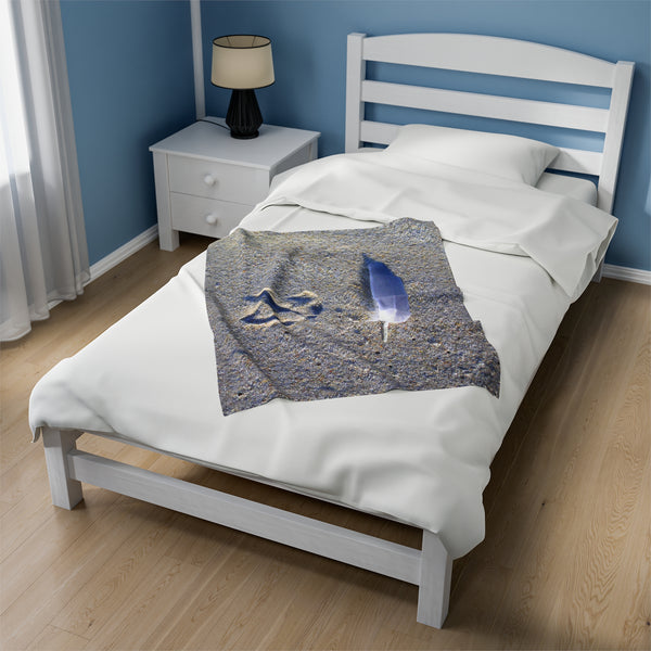 Footprint and Feather on the Beach Velveteen Plush Blanket