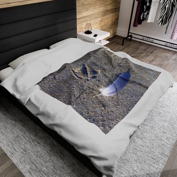 Footprint and Feather on the Beach Velveteen Plush Blanket