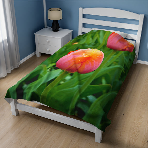 Morning Dew Tulip Garden Velveteen Plush Blanket