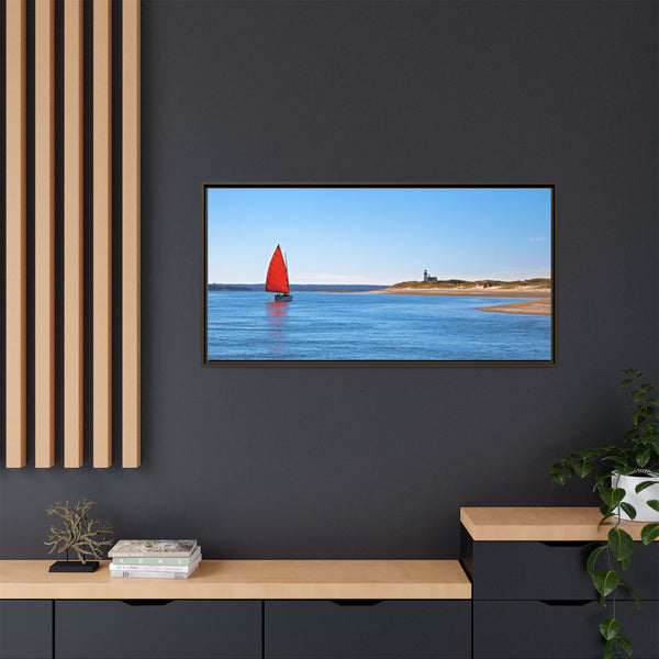 Red Sail Catboat Framed Gallery Canvas Sailing by Sandy Neck Lighthouse Cape Cod Barnstable Harbor