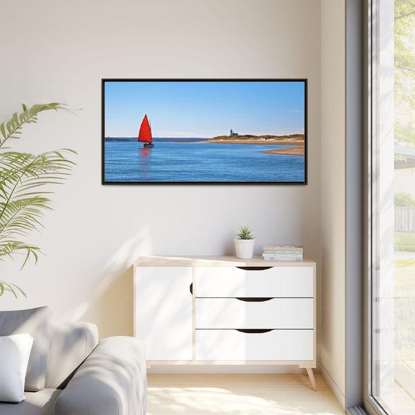 Red Sail Catboat Framed Gallery Canvas Sailing by Sandy Neck Lighthouse Cape Cod Barnstable Harbor