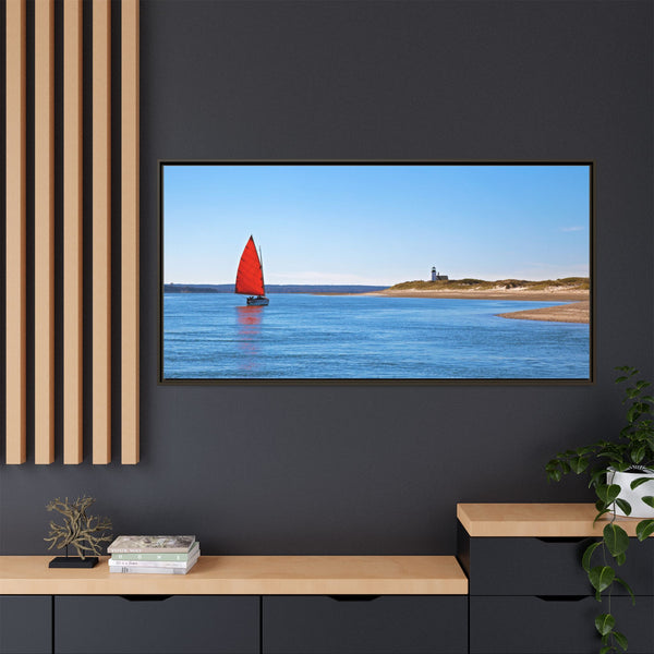 Red Sail Catboat Framed Gallery Canvas Sailing by Sandy Neck Lighthouse Cape Cod Barnstable Harbor