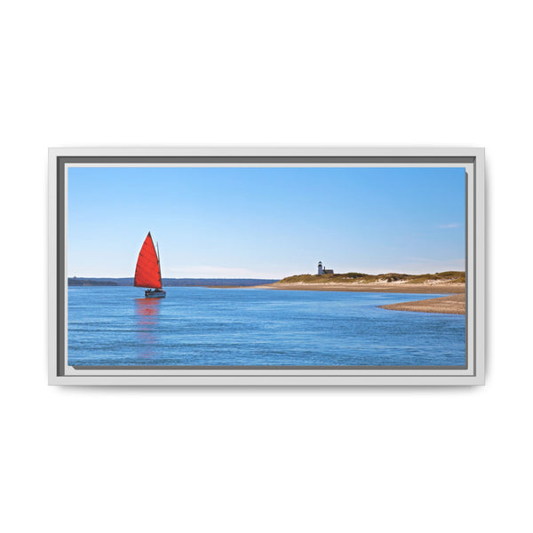 Red Sail Catboat Framed Gallery Canvas Sailing by Sandy Neck Lighthouse Cape Cod Barnstable Harbor