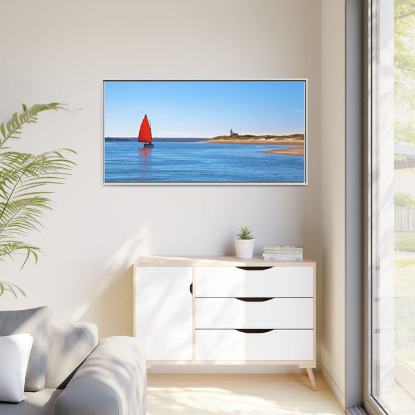 Red Sail Catboat Framed Gallery Canvas Sailing by Sandy Neck Lighthouse Cape Cod Barnstable Harbor