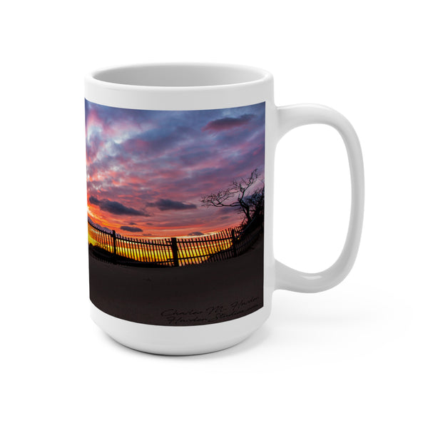 Sunset Serenity 15oz Mug - Nature-Inspired Coffee Cup for Relaxation with Beach Fence and Sand Dunes