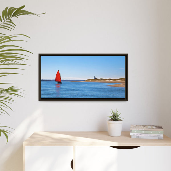 Red Sail Catboat Framed Gallery Canvas Sailing by Sandy Neck Lighthouse Cape Cod Barnstable Harbor