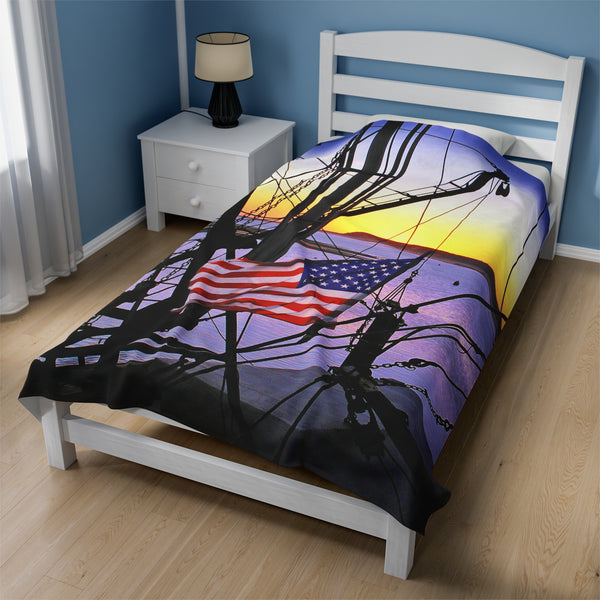 Patriotic Wellfleet Harbor Fisherman at Sunset Velveteen Plush Blanket