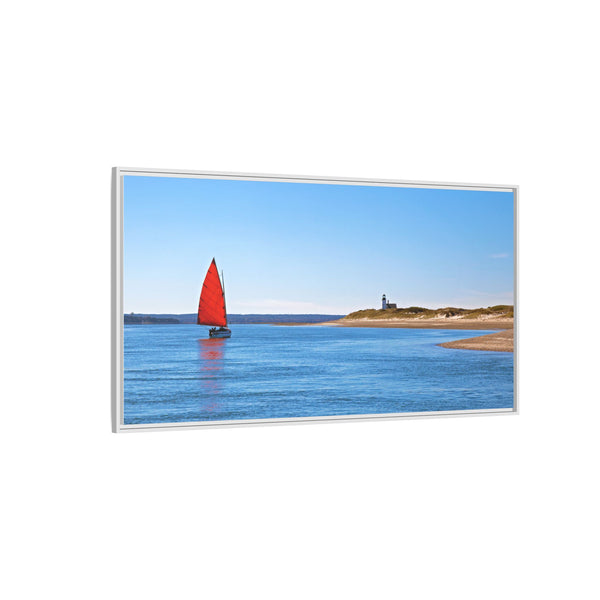 Red Sail Catboat Framed Gallery Canvas Sailing by Sandy Neck Lighthouse Cape Cod Barnstable Harbor