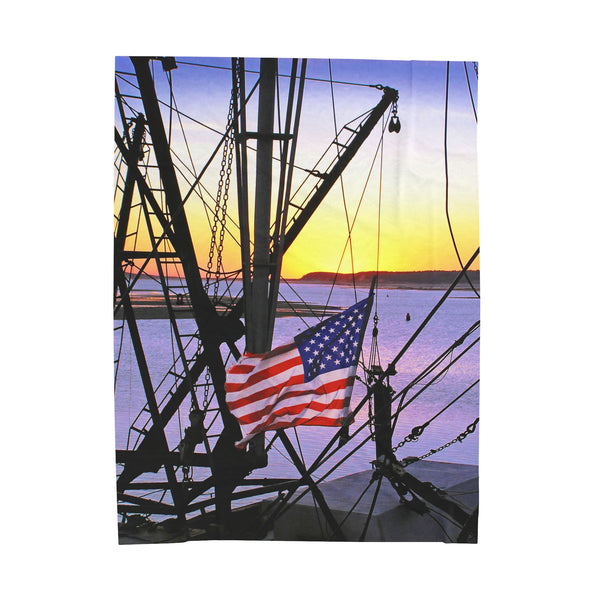 Patriotic Wellfleet Harbor Fisherman at Sunset Velveteen Plush Blanket