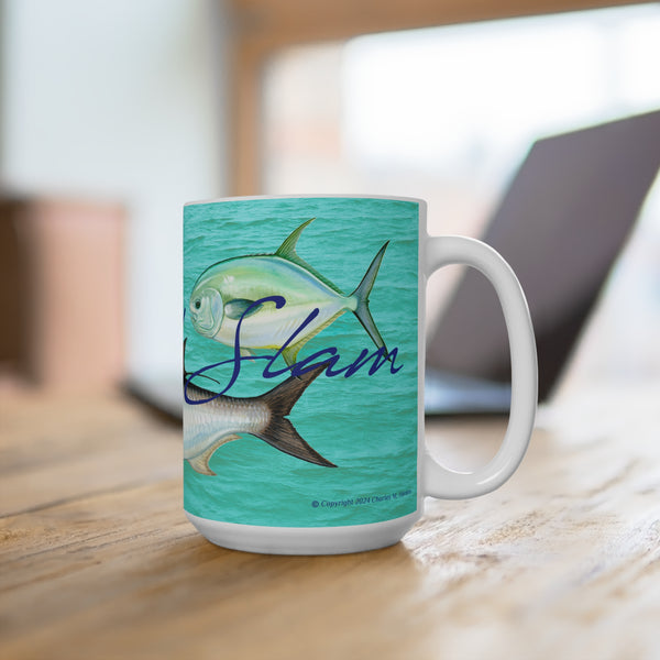 Grand Slam Fish Art Coffee Mug 15oz Great Gift for Fly Fishermen and Flats Fishing Fans featuring a Tarpon, Permit, and Bonefish