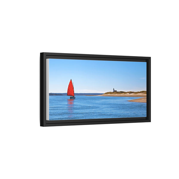 Red Sail Catboat Framed Gallery Canvas Sailing by Sandy Neck Lighthouse Cape Cod Barnstable Harbor