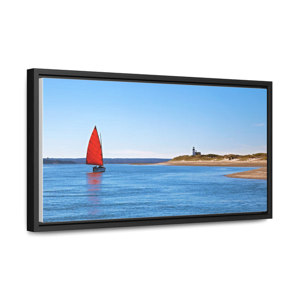 Red Sail Catboat Framed Gallery Canvas Sailing by Sandy Neck Lighthouse Cape Cod Barnstable Harbor