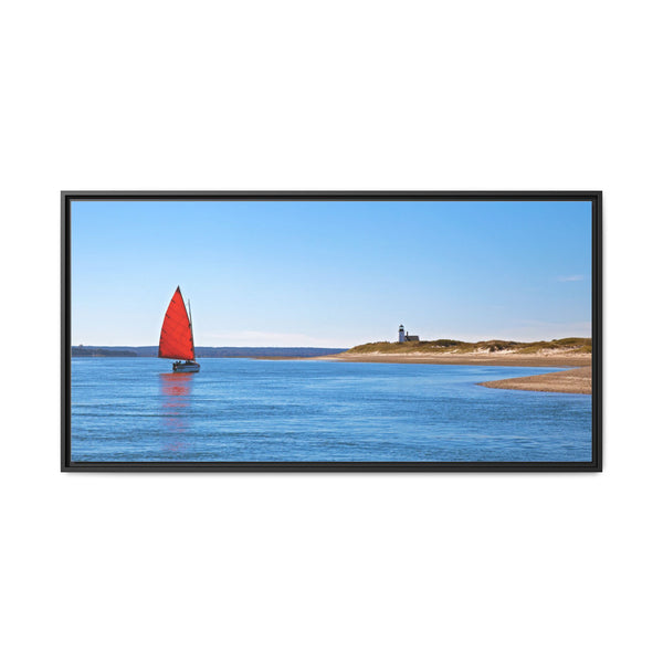 Red Sail Catboat Framed Gallery Canvas Sailing by Sandy Neck Lighthouse Cape Cod Barnstable Harbor