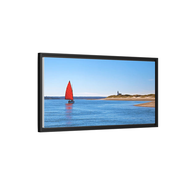 Red Sail Catboat Framed Gallery Canvas Sailing by Sandy Neck Lighthouse Cape Cod Barnstable Harbor