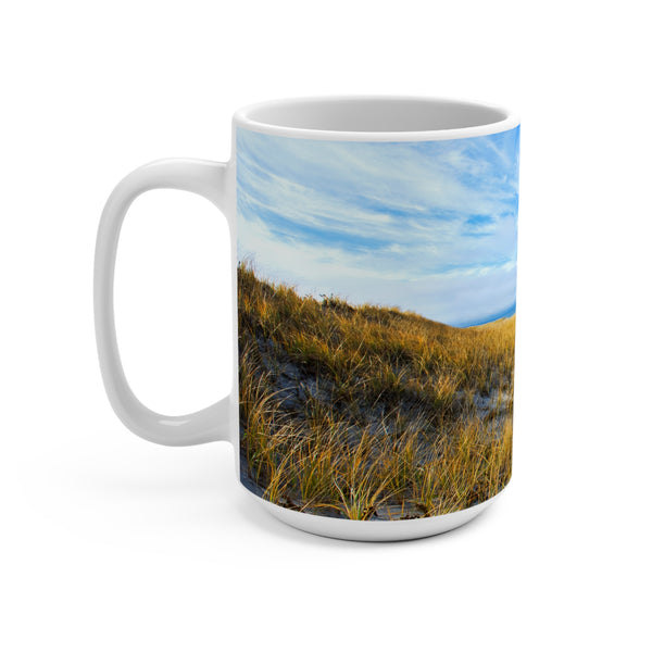 Serene Coastal Scene Mug - 15oz with Beautiful Beach and Dune Grass Landscape