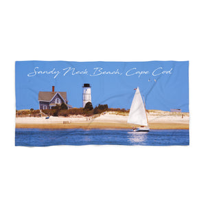 Sandy Neck Sail Beach Towel Cape Cod Lighthouse and Catboat