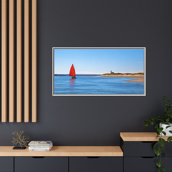 Red Sail Catboat Framed Gallery Canvas Sailing by Sandy Neck Lighthouse Cape Cod Barnstable Harbor