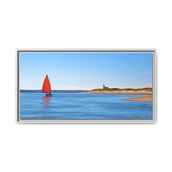 Red Sail Catboat Framed Gallery Canvas Sailing by Sandy Neck Lighthouse Cape Cod Barnstable Harbor