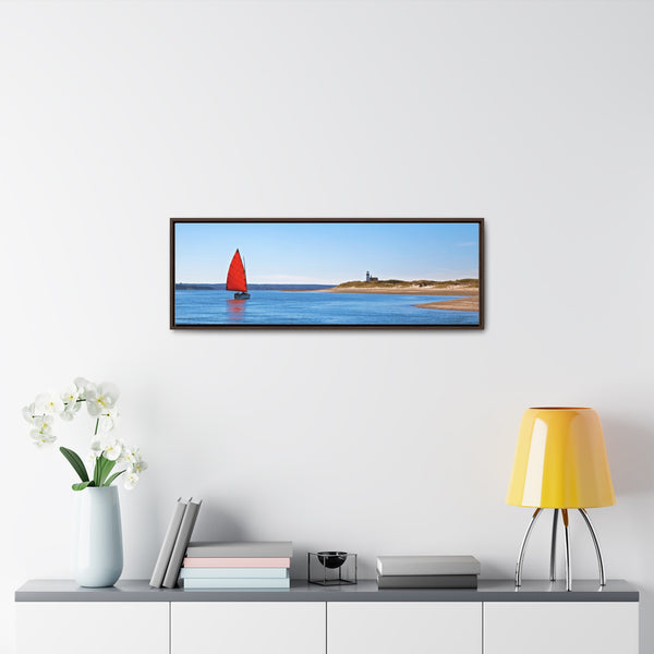 Red Sail Catboat Framed Gallery Canvas Sailing by Sandy Neck Lighthouse Cape Cod Barnstable Harbor