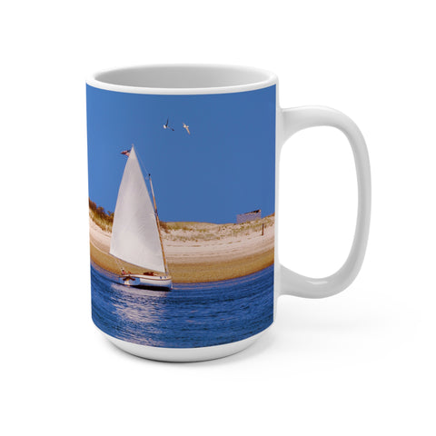 Sandy Neck Lighthouse Catboat Mug 15oz Sailing by the Sand Dunes in Barnstable Harbor