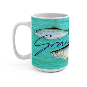 Grand Slam Fish Art Coffee Mug 15oz Great Gift for Fly Fishermen and Flats Fishing Fans featuring a Tarpon, Permit, and Bonefish