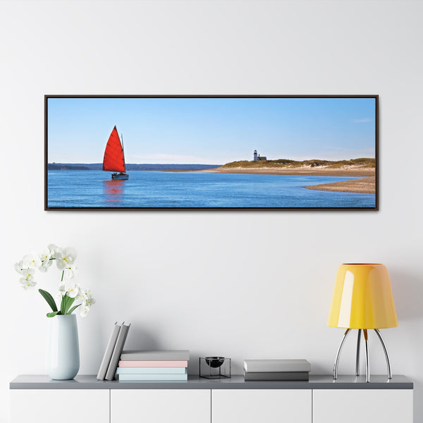 Red Sail Catboat Framed Gallery Canvas Sailing by Sandy Neck Lighthouse Cape Cod Barnstable Harbor