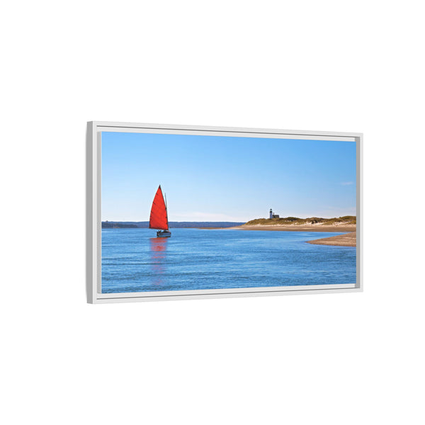 Red Sail Catboat Framed Gallery Canvas Sailing by Sandy Neck Lighthouse Cape Cod Barnstable Harbor