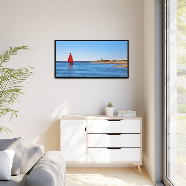 Red Sail Catboat Framed Gallery Canvas Sailing by Sandy Neck Lighthouse Cape Cod Barnstable Harbor