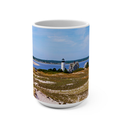 Sandy Neck, Barnstable Harbor Coffee Mug 15oz Showing the Sand Dunes and Cottage Colony and Lighthouse.