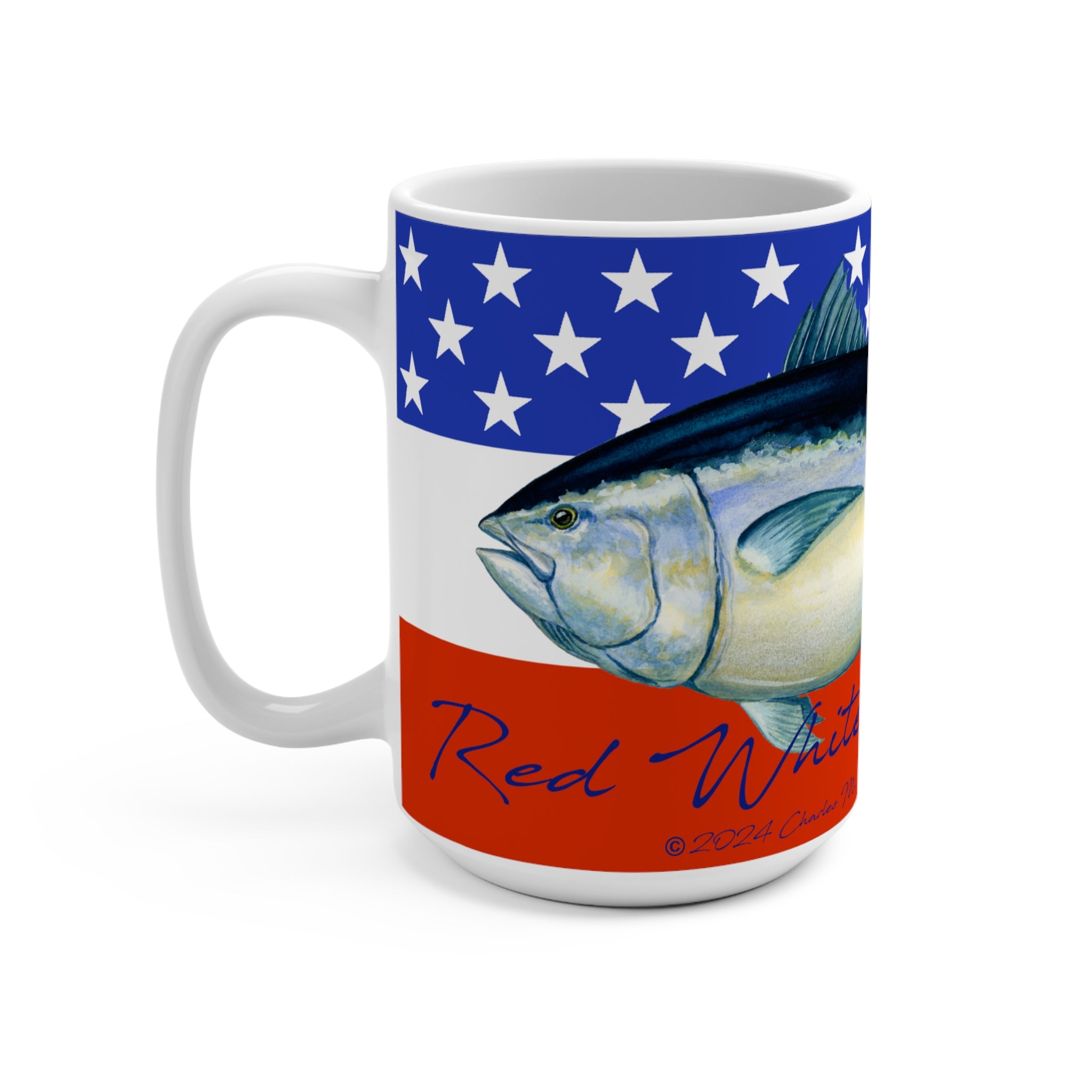 Red White and Bluefin Patriotic Fish Coffee Mug 15oz for American Fishing Fans American Flag, Great Gift for 4th of July Celebration