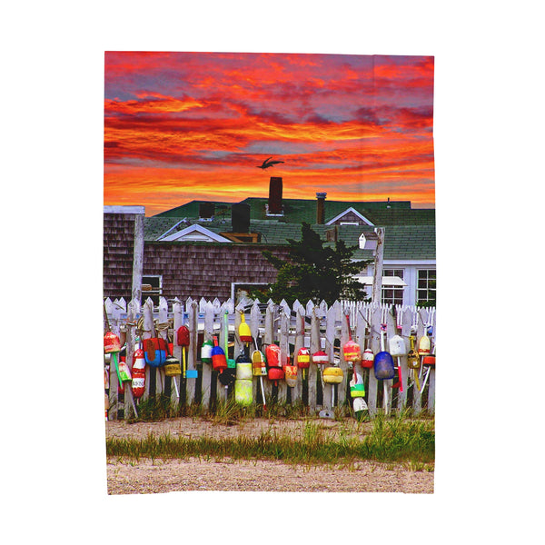 Sandy Neck Cottages Sunset Buoy Fence at the Beach Velveteen Plush Blanket