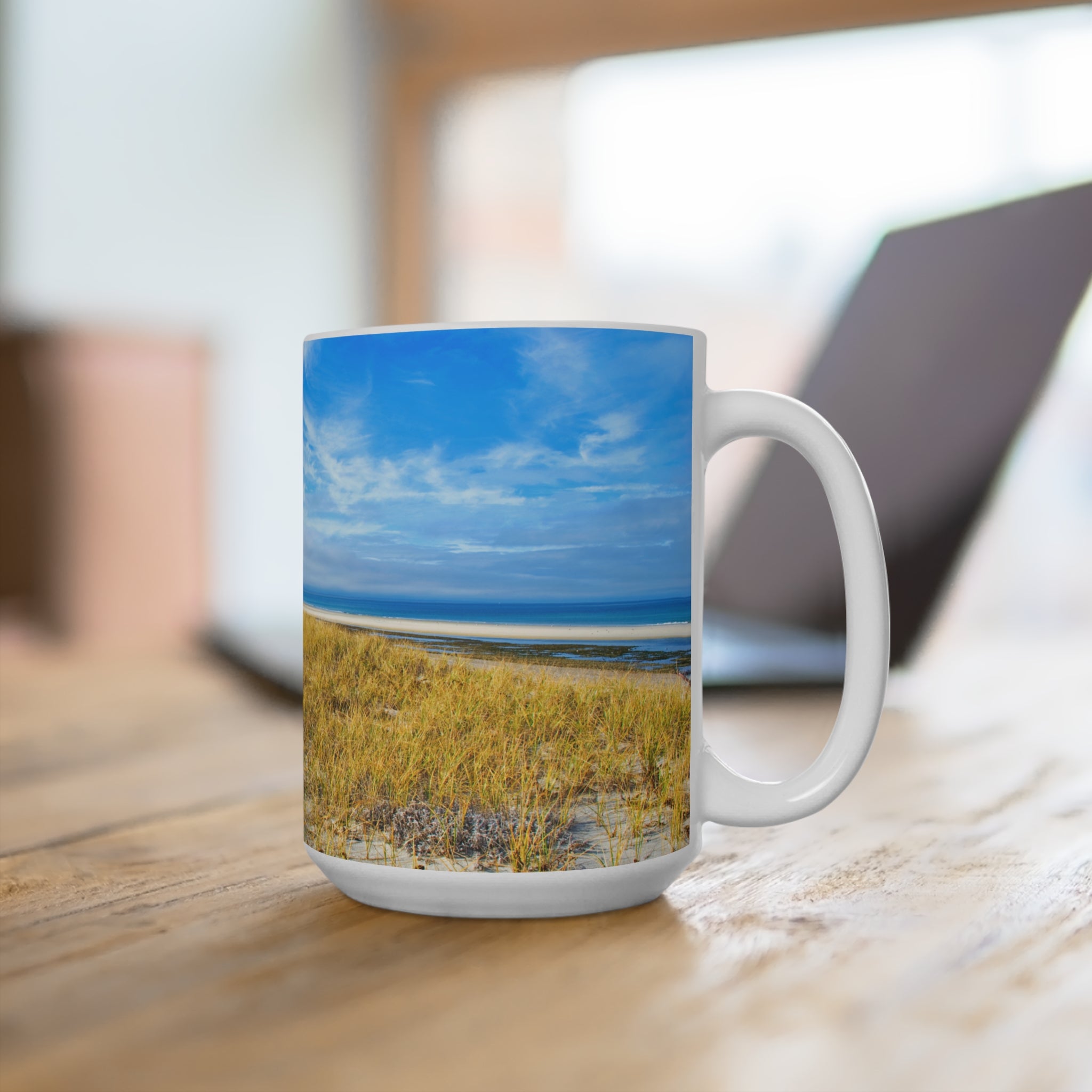 Serene Coastal Scene Mug - 15oz with Beautiful Beach and Dune Grass Landscape