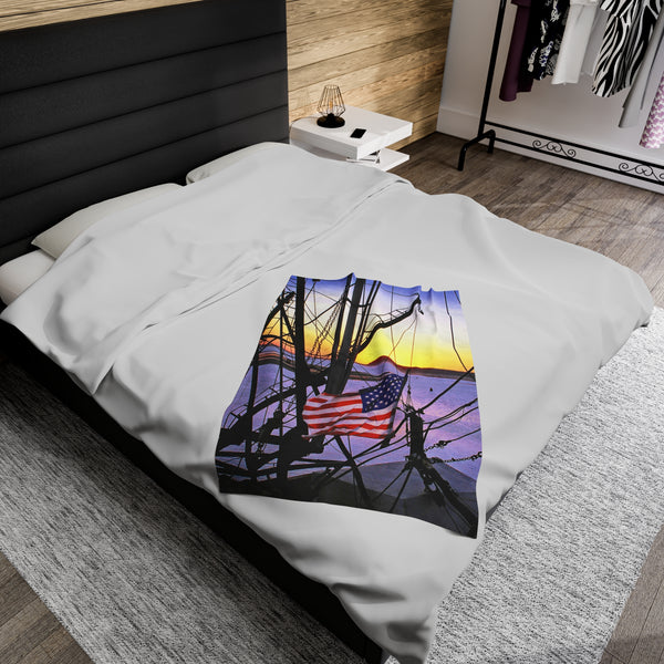 Patriotic Wellfleet Harbor Fisherman at Sunset Velveteen Plush Blanket