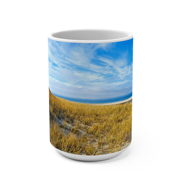 Serene Coastal Scene Mug - 15oz with Beautiful Beach and Dune Grass Landscape