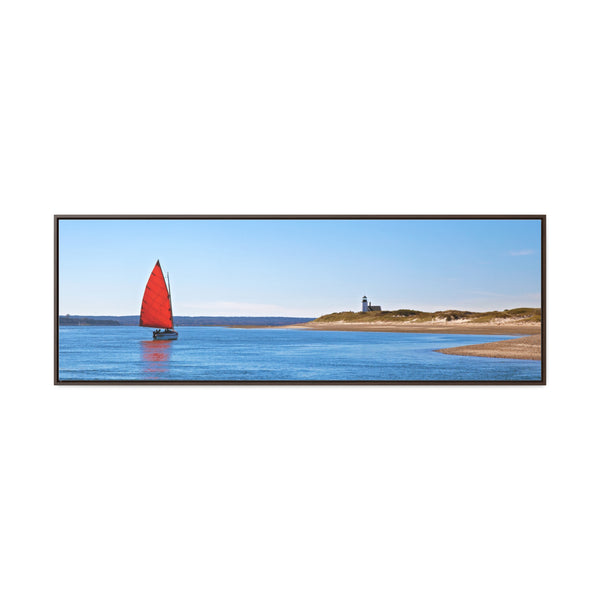 Red Sail Catboat Framed Gallery Canvas Sailing by Sandy Neck Lighthouse Cape Cod Barnstable Harbor