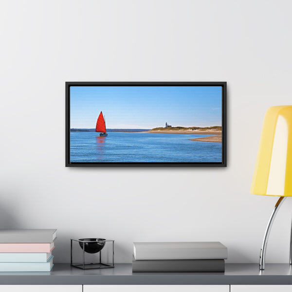 Red Sail Catboat Framed Gallery Canvas Sailing by Sandy Neck Lighthouse Cape Cod Barnstable Harbor