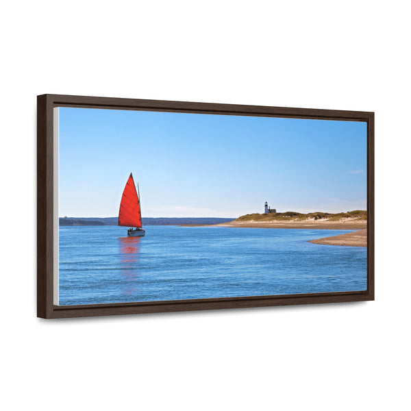 Red Sail Catboat Framed Gallery Canvas Sailing by Sandy Neck Lighthouse Cape Cod Barnstable Harbor