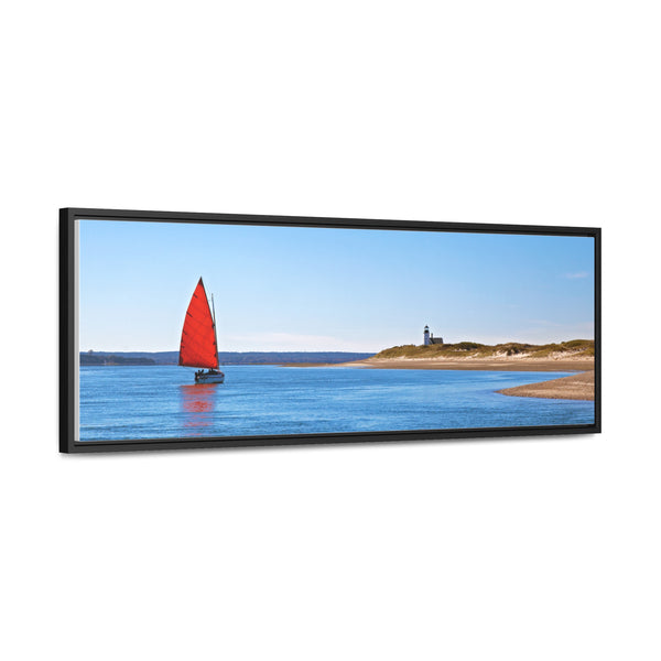 Red Sail Catboat Framed Gallery Canvas Sailing by Sandy Neck Lighthouse Cape Cod Barnstable Harbor