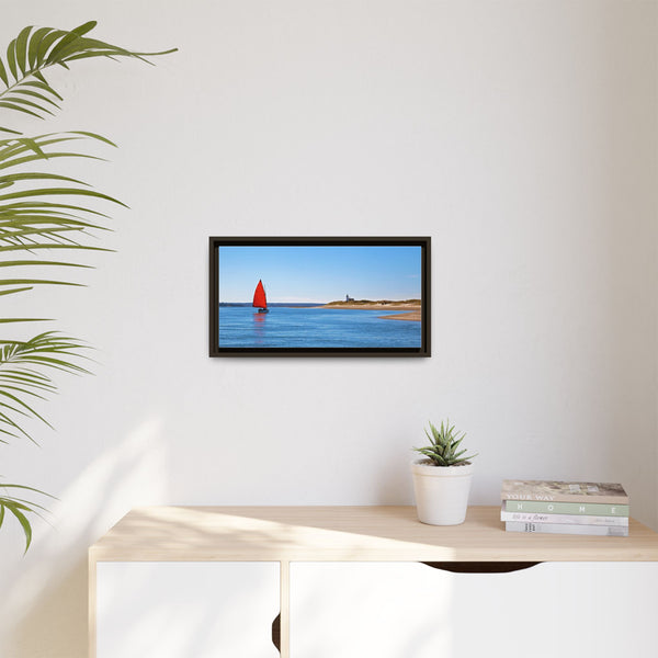 Red Sail Catboat Framed Gallery Canvas Sailing by Sandy Neck Lighthouse Cape Cod Barnstable Harbor