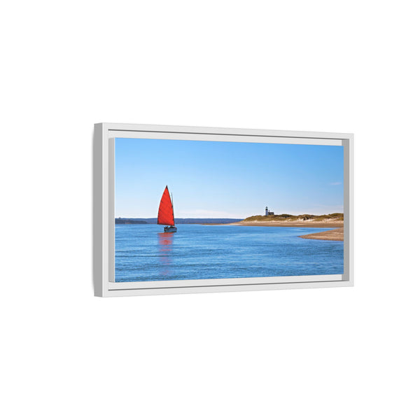 Red Sail Catboat Framed Gallery Canvas Sailing by Sandy Neck Lighthouse Cape Cod Barnstable Harbor